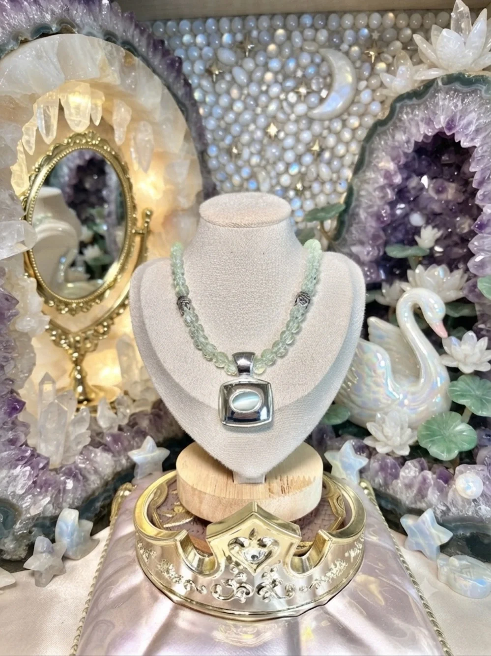 One of a kind sage green Beaded Necklace with Silver Square Pendant/ magnetic